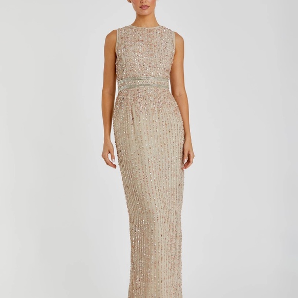 MAC DUGGAL Beige Sequined High Neck Sleeveless Column Gown - Picture 1 of 3